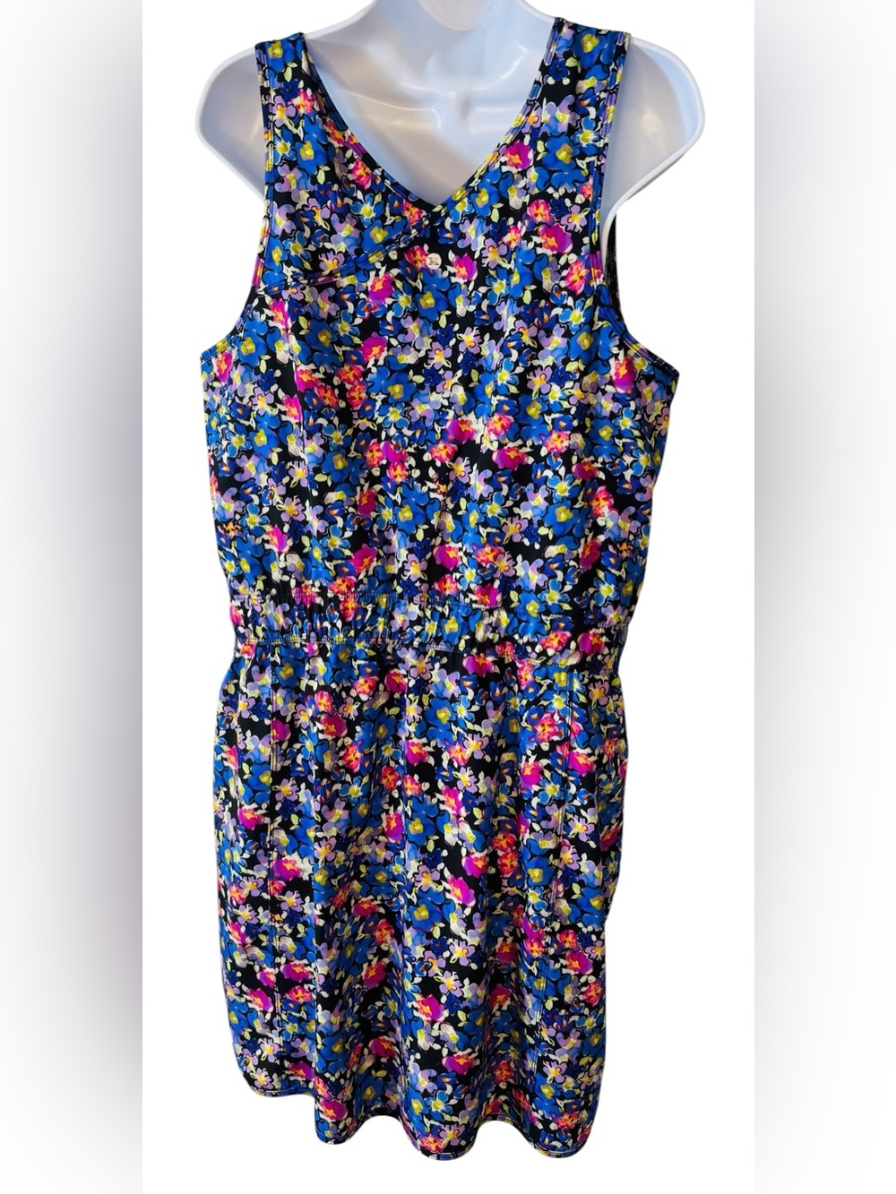 RBX Activewear Dress Stretch Woven Blue Floral Pullover Sleeveless Pockets Sz L - Picture 8 of 12
